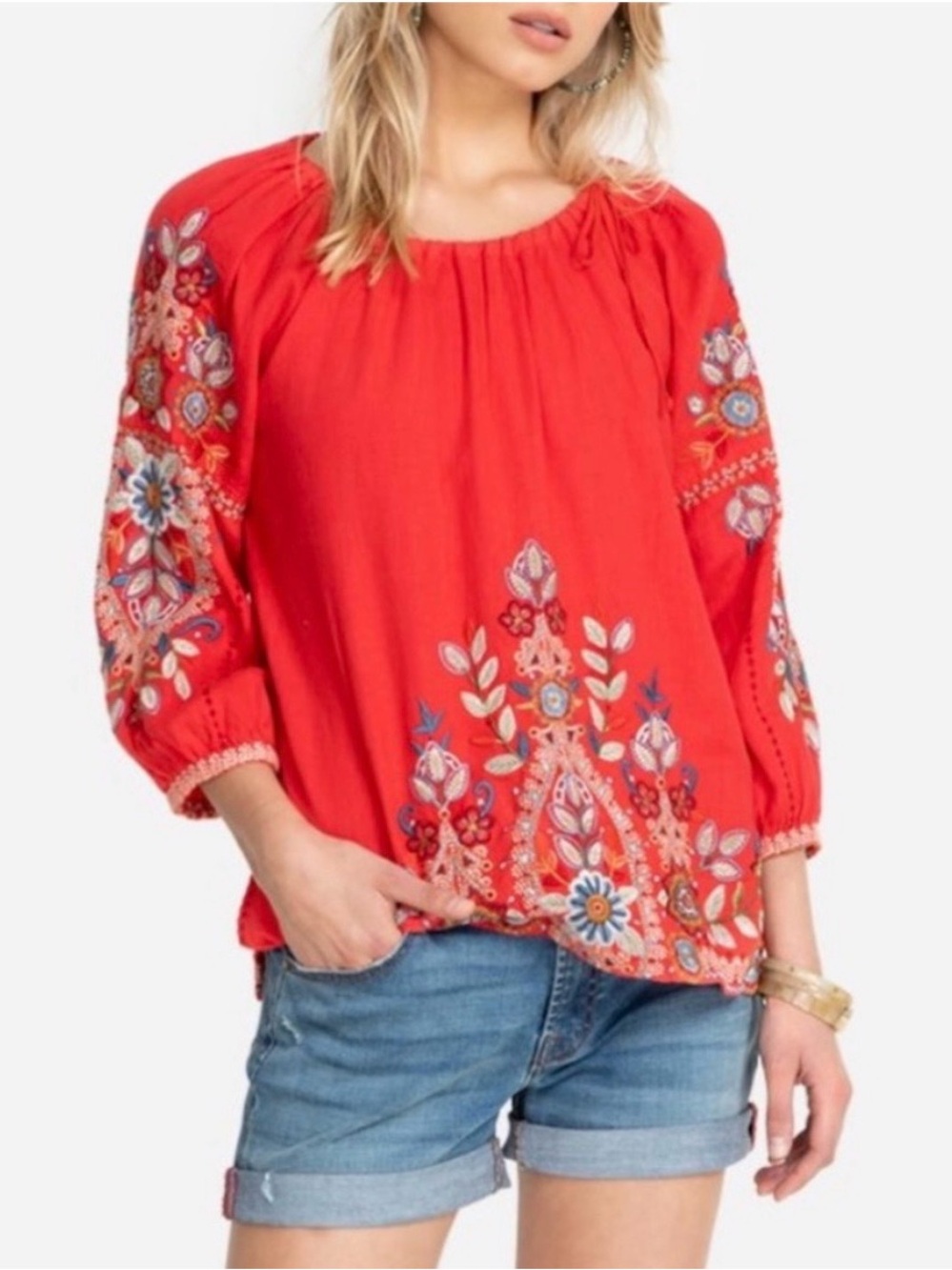 Johnny Was Maisie Sarah Peasant Tie Embroidered Blouse Linen Boho Coral Large